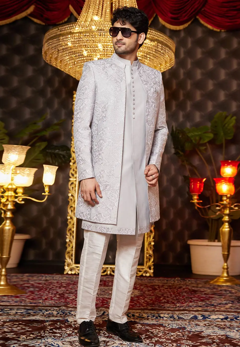 Grey Art Silk Jacket Style Sherwani 299181