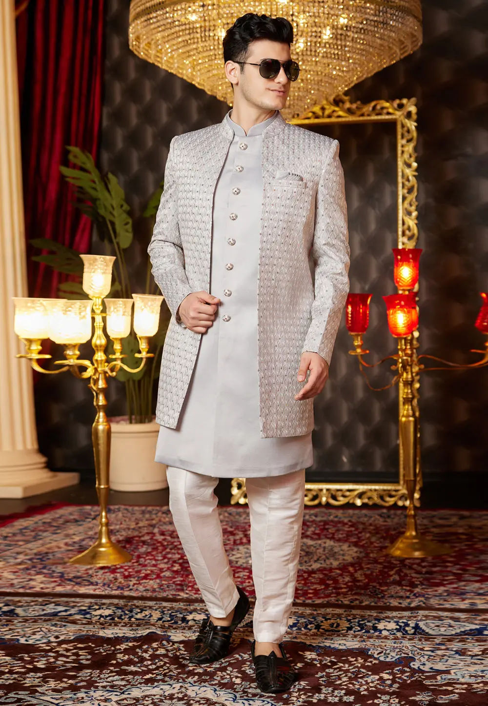 Grey Art Silk Jacket Style Sherwani 299185