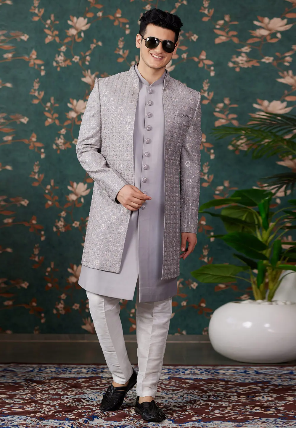 Grey Art Silk Jacket Style Sherwani 299211