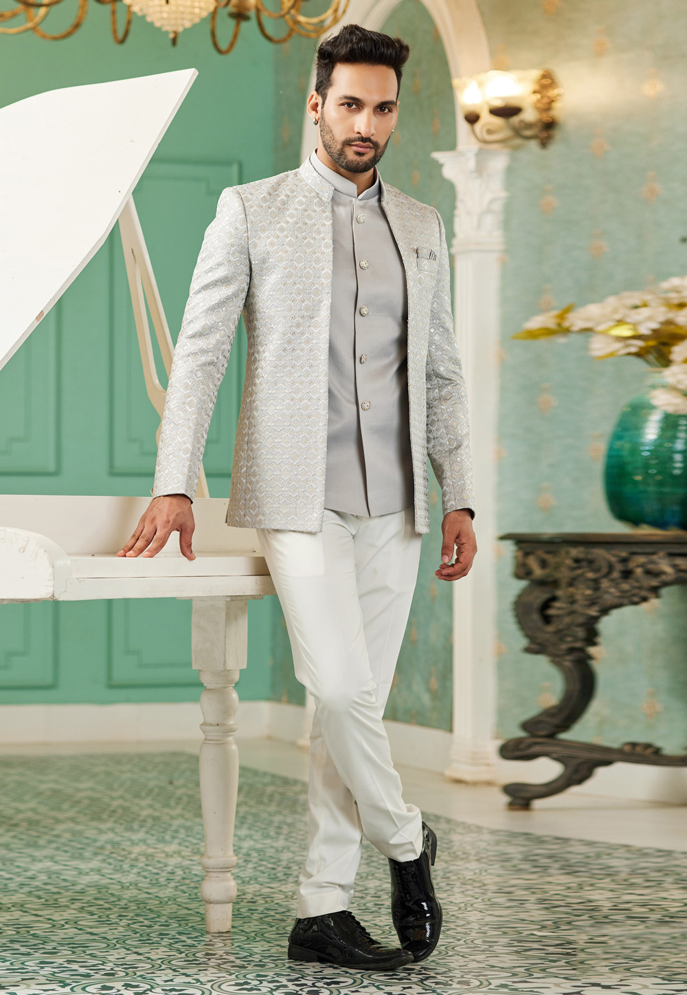 Grey Art Silk Jodhpuri Suit 278285