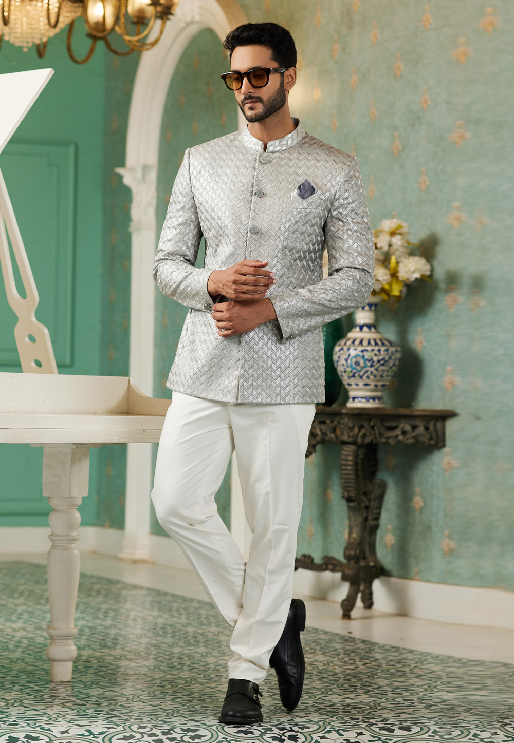 Grey Art Silk Jodhpuri Suit 278293