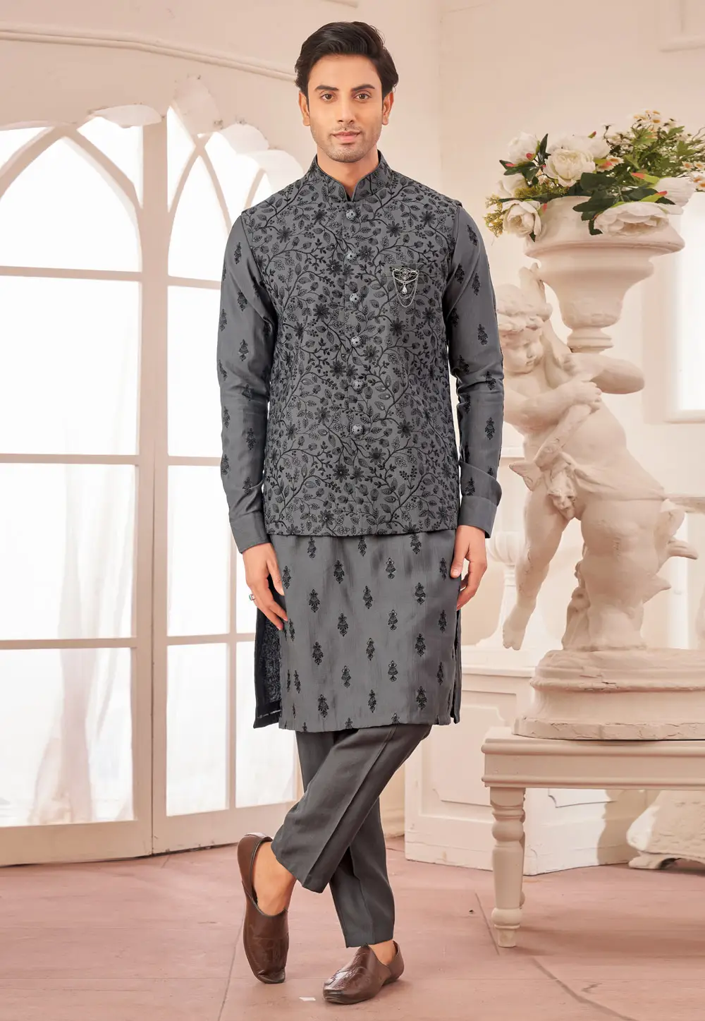 Grey Art Silk Kurta Pajama With Jacket 296630