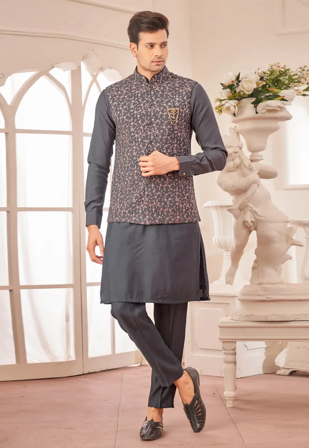 Grey Art Silk Kurta Pajama With Jacket 296631