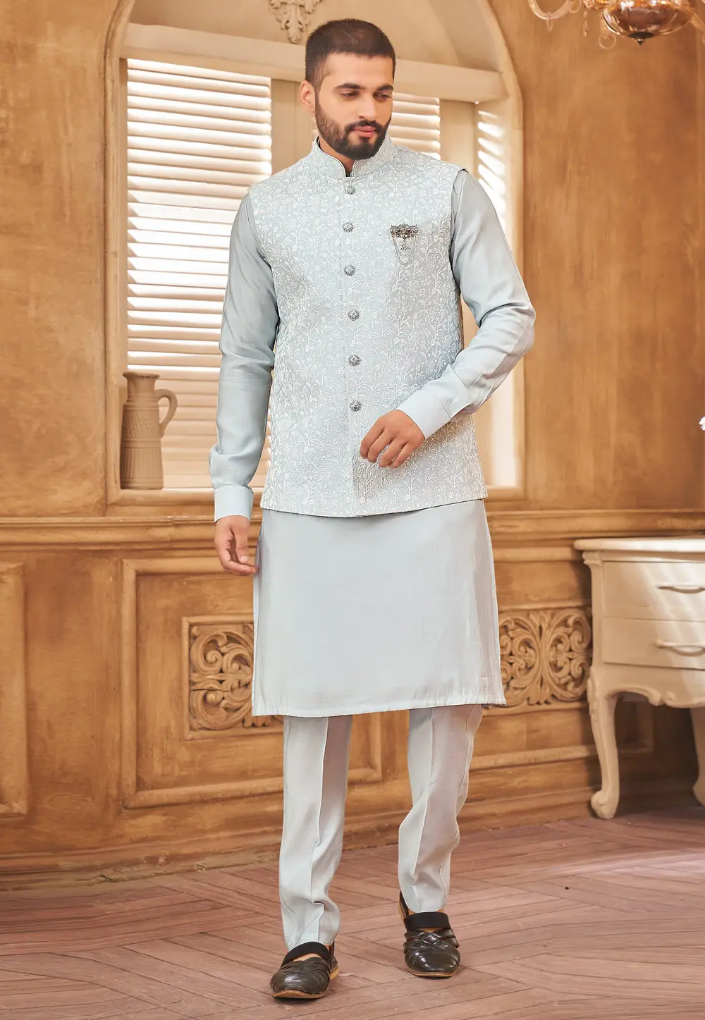 Grey Art Silk Kurta Pajama With Jacket 296642