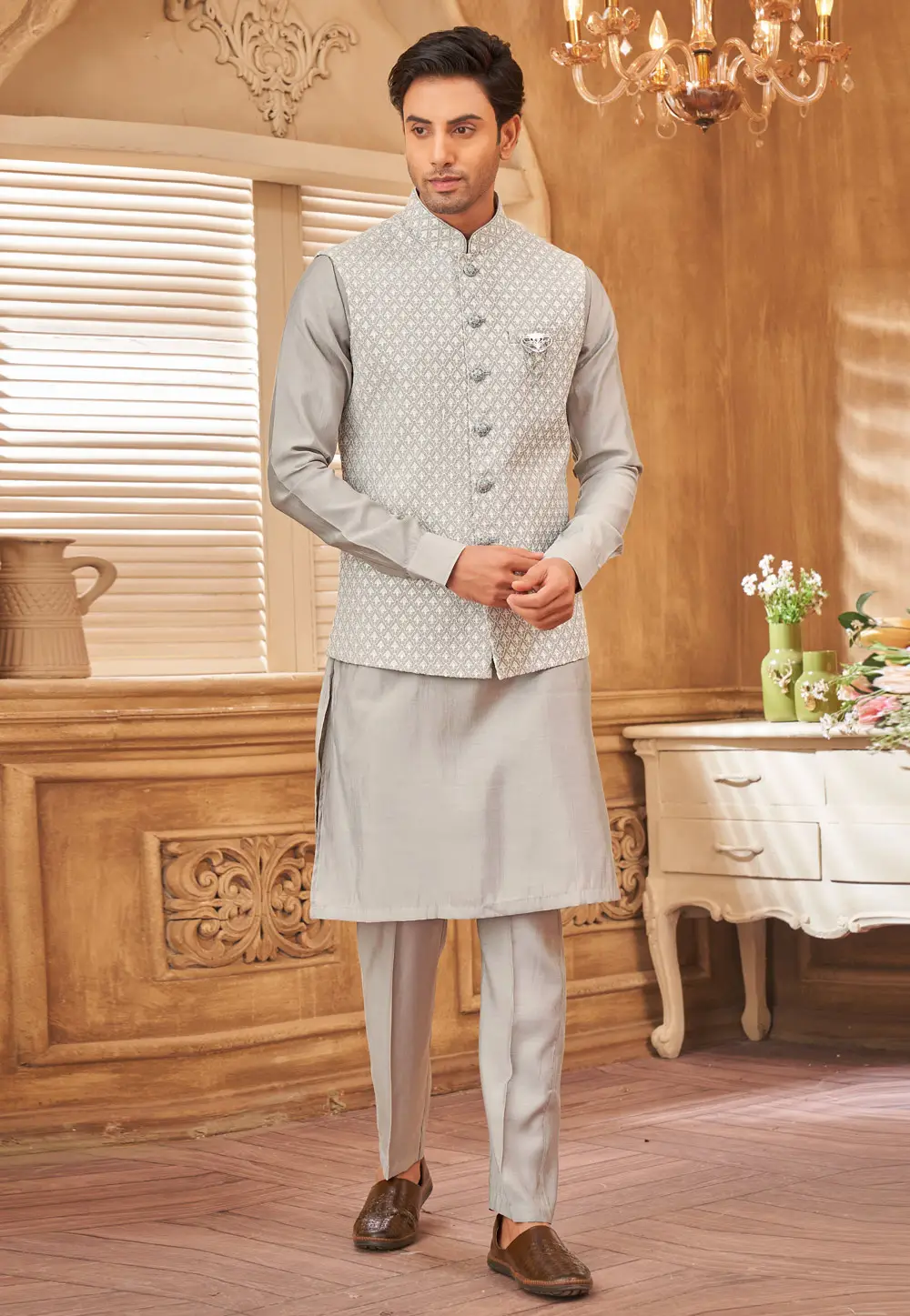 Grey Art Silk Kurta Pajama With Jacket 296669