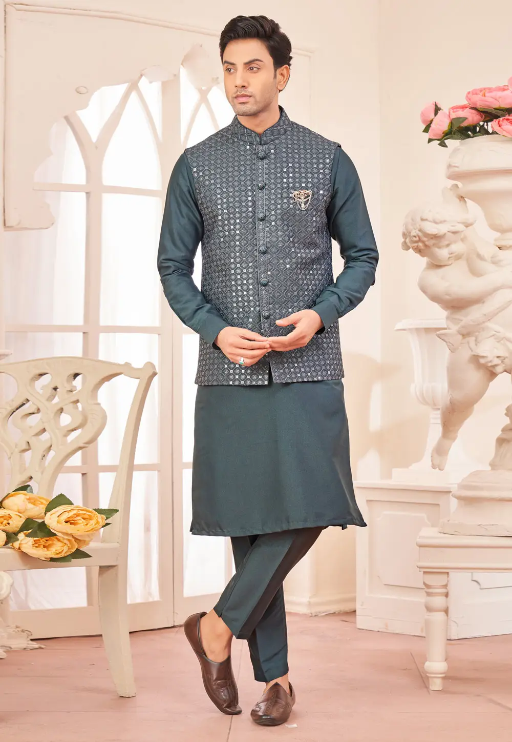 Grey Art Silk Kurta Pajama With Jacket 296683