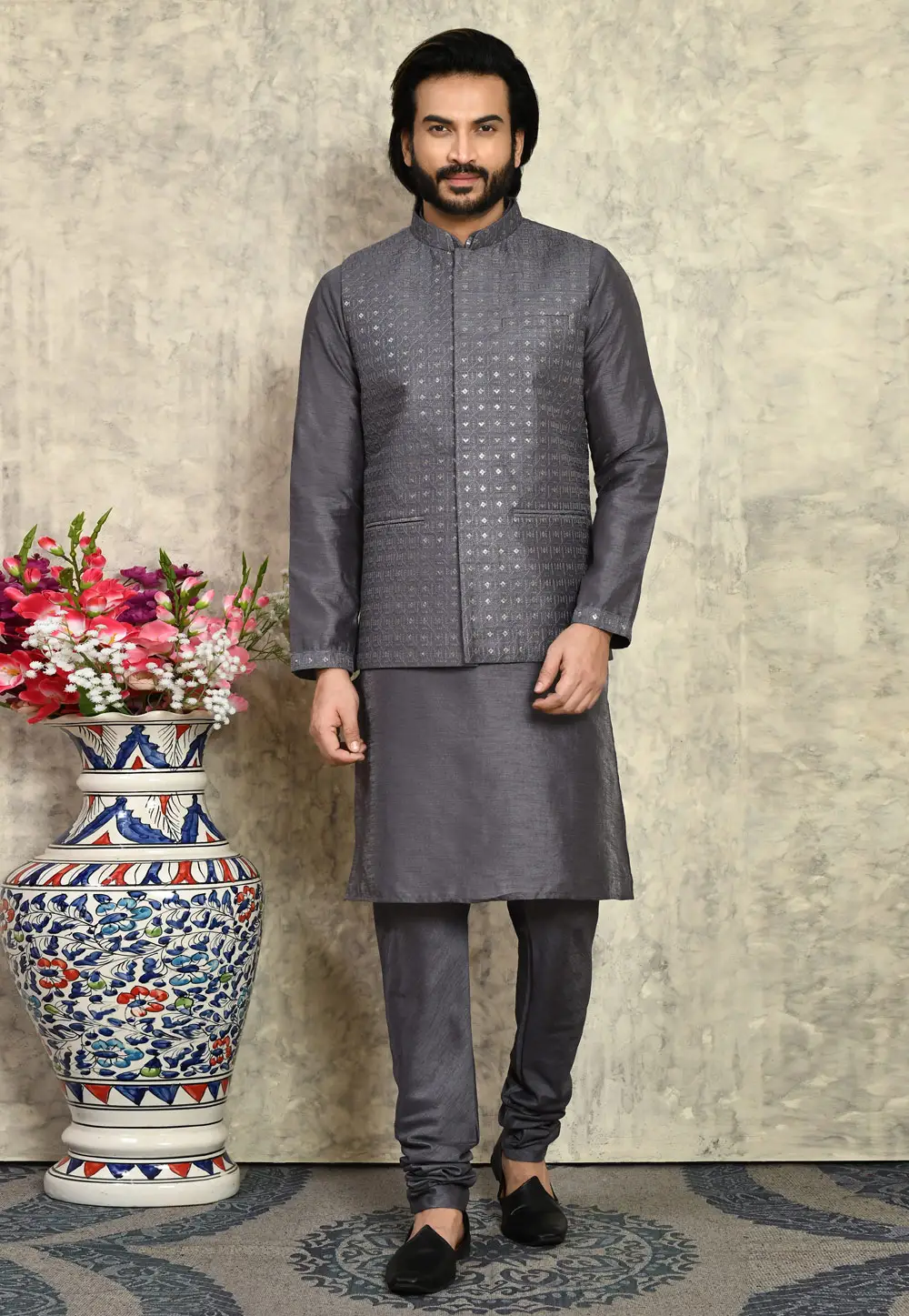 Grey Art Silk Kurta Pajama With Jacket 295429