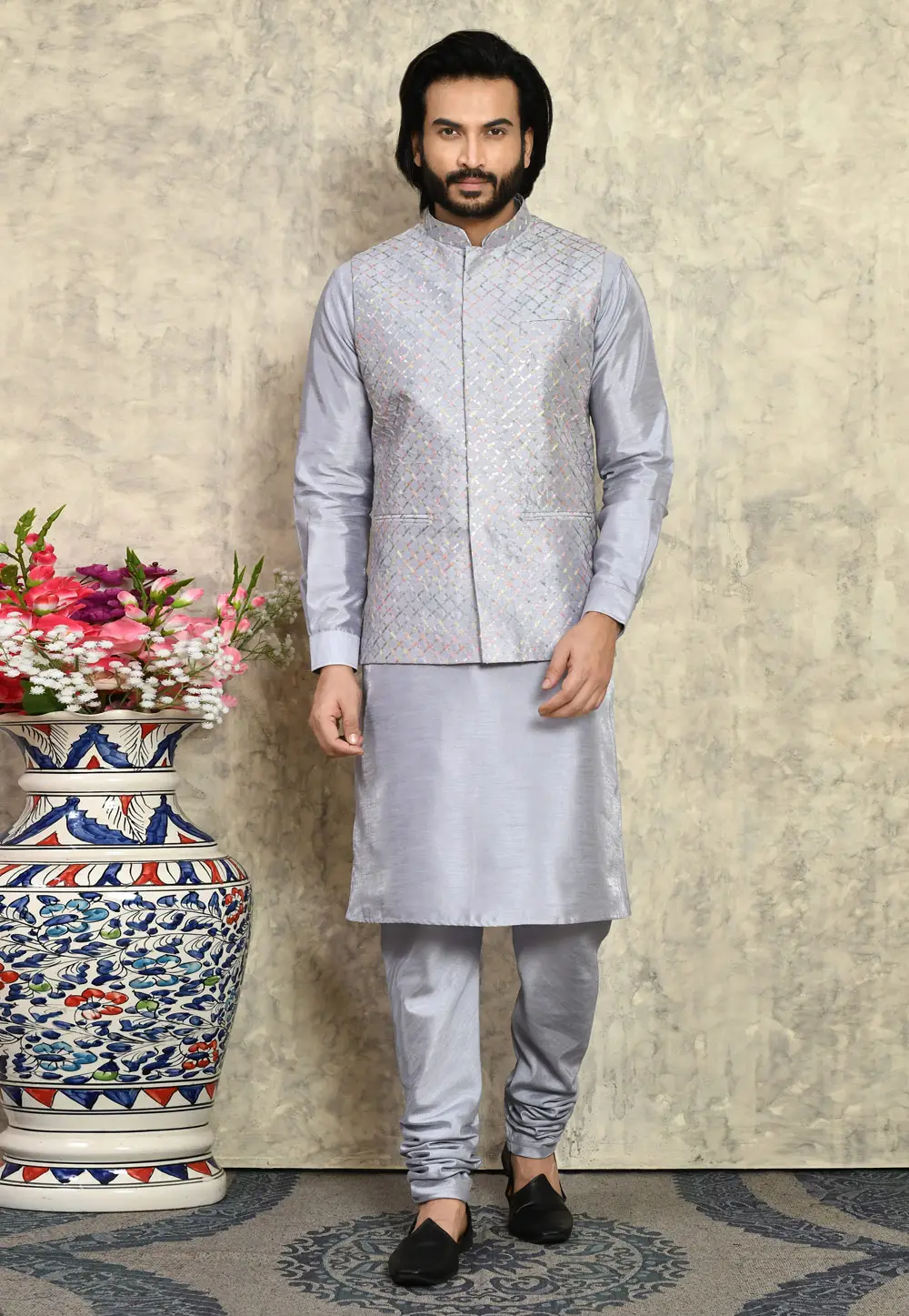 Grey Art Silk Kurta Pajama With Jacket 295433