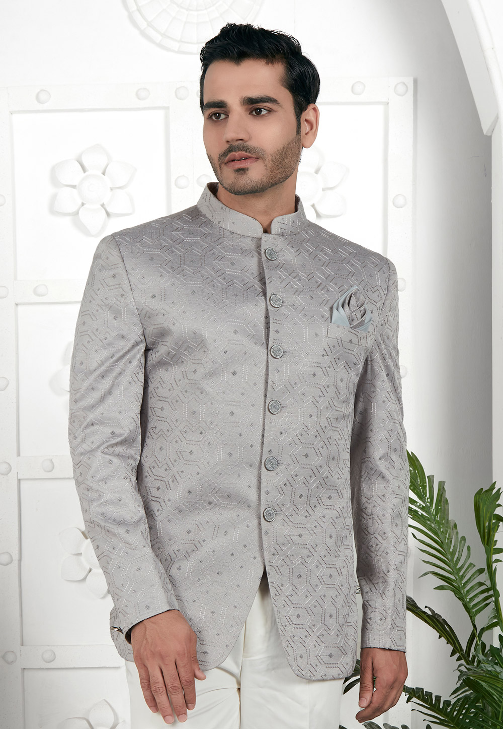 Grey Art Silk Nehru Jacket 280375