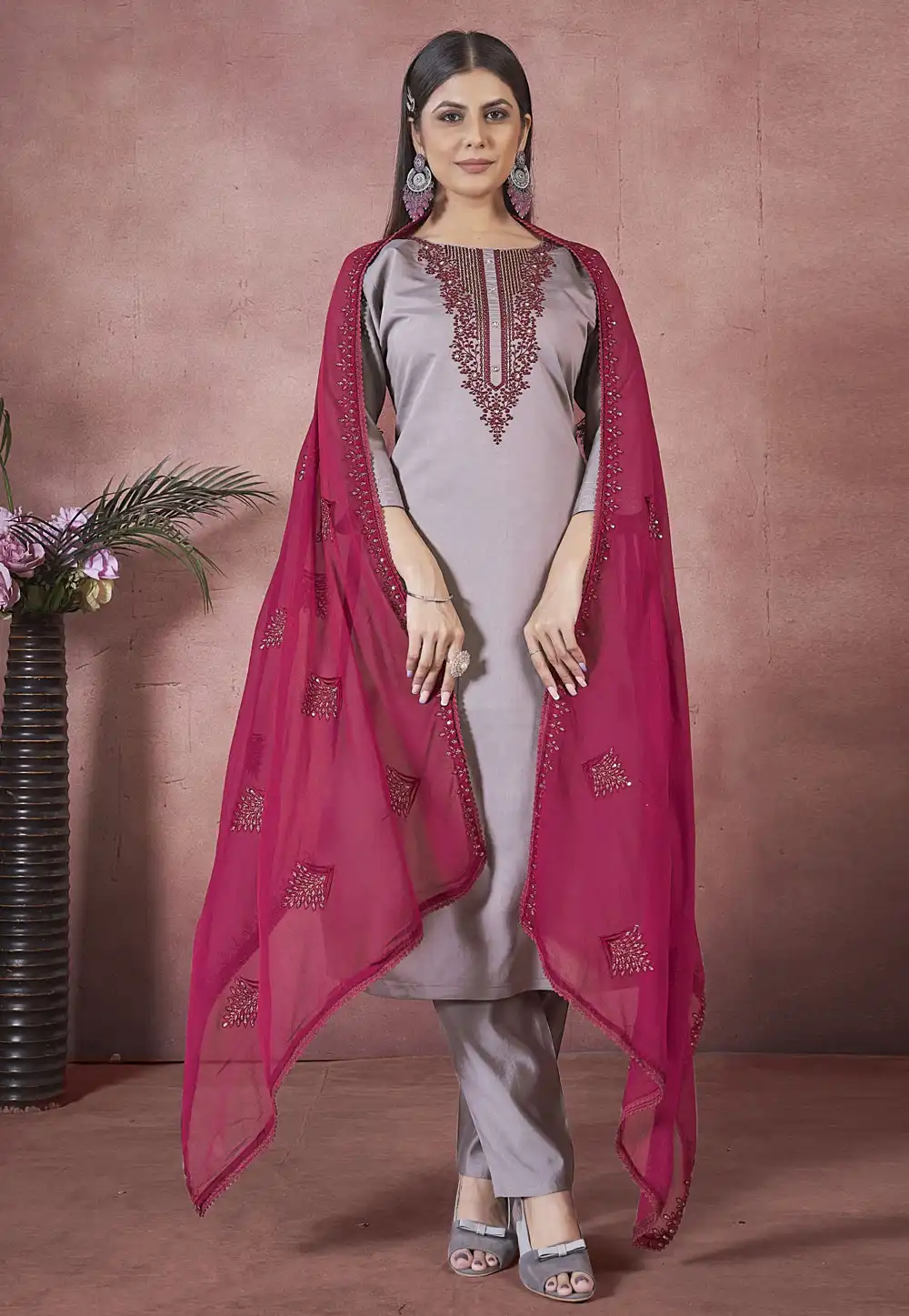 Grey Art Silk Readymade Pakistani Suit 291155