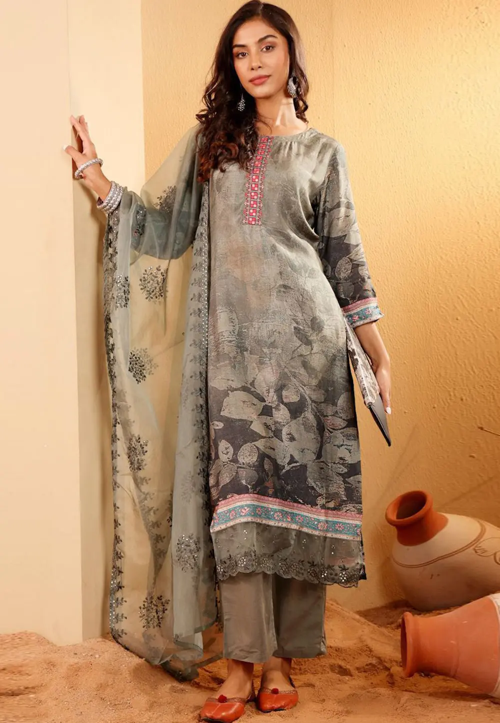 Grey Art Silk Readymade Pant Style Suit 302874