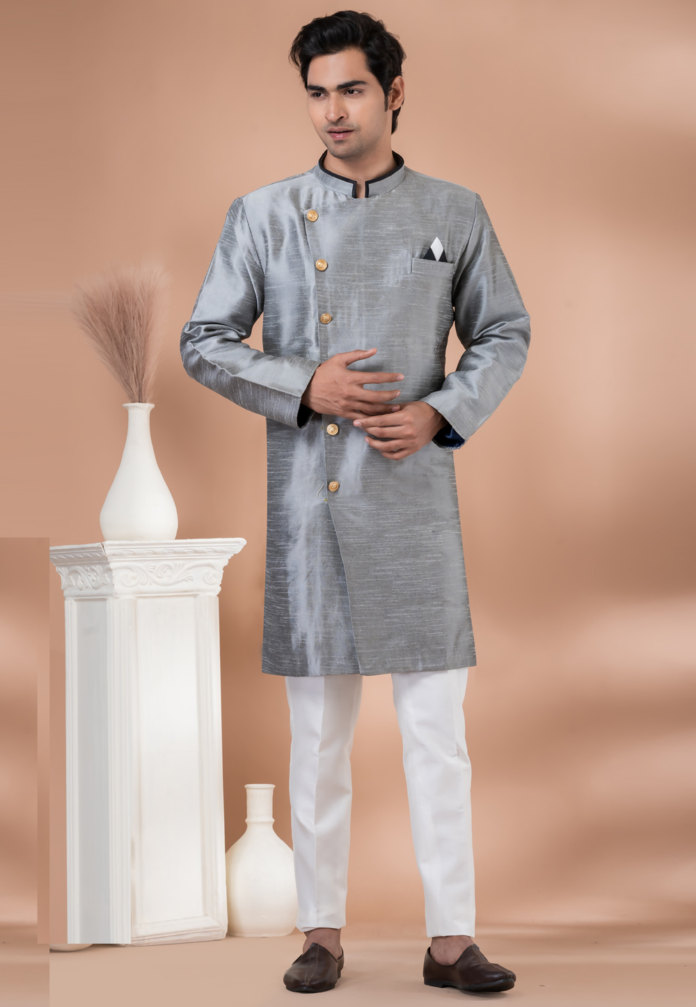 Grey Banarasi Indo Western Suit 283148