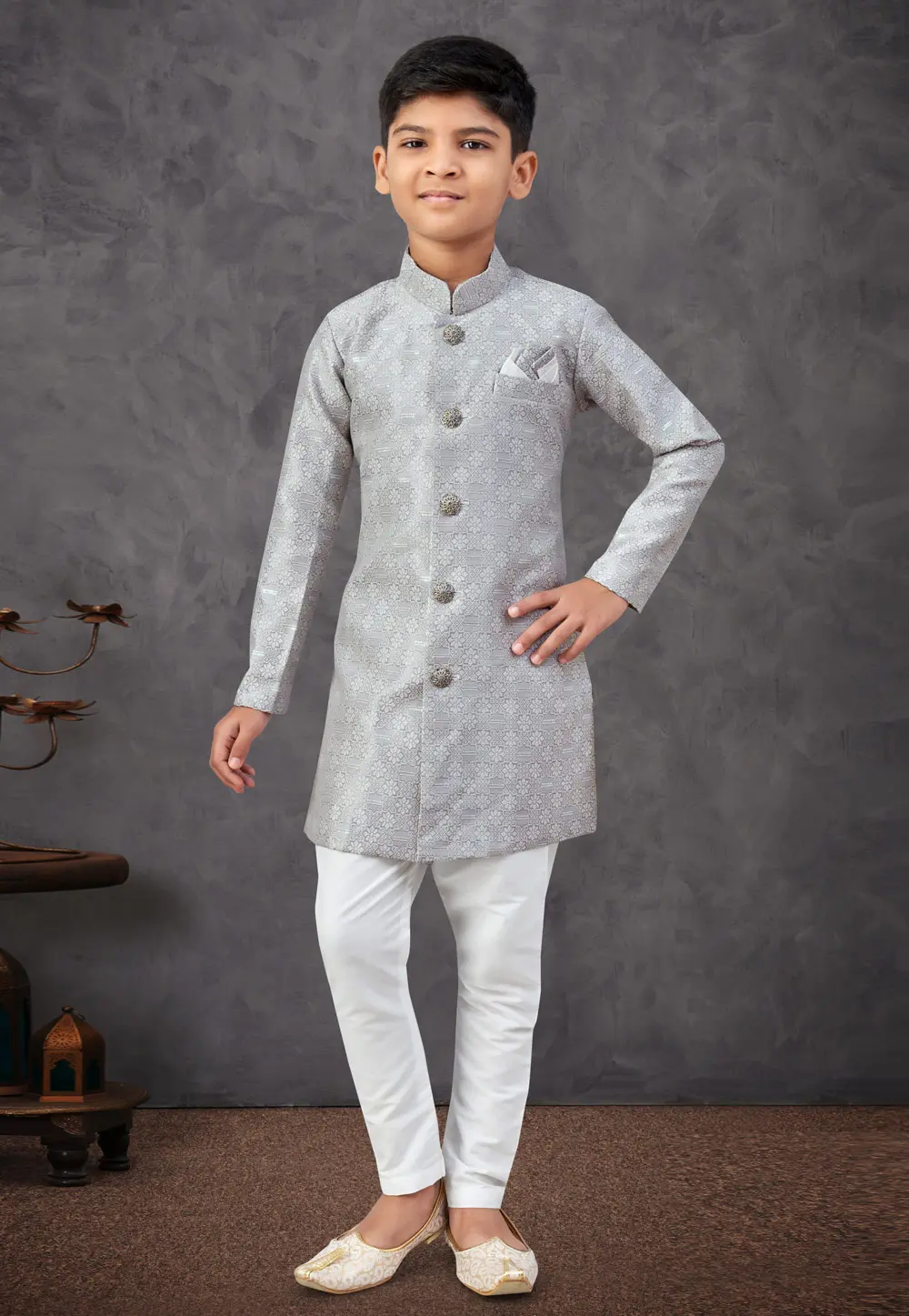 Grey Banarasi Jacquard Kids Indo Western Sherwani 301335