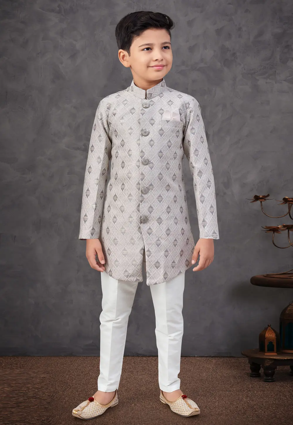 Grey Banarasi Jacquard Kids Indo Western Sherwani 301338