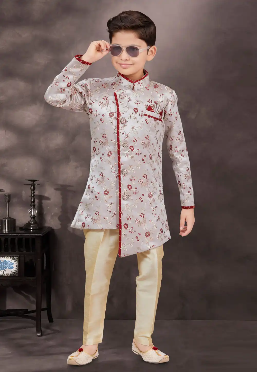 Grey Banarasi Jacquard Kids Indo Western Suit 292978