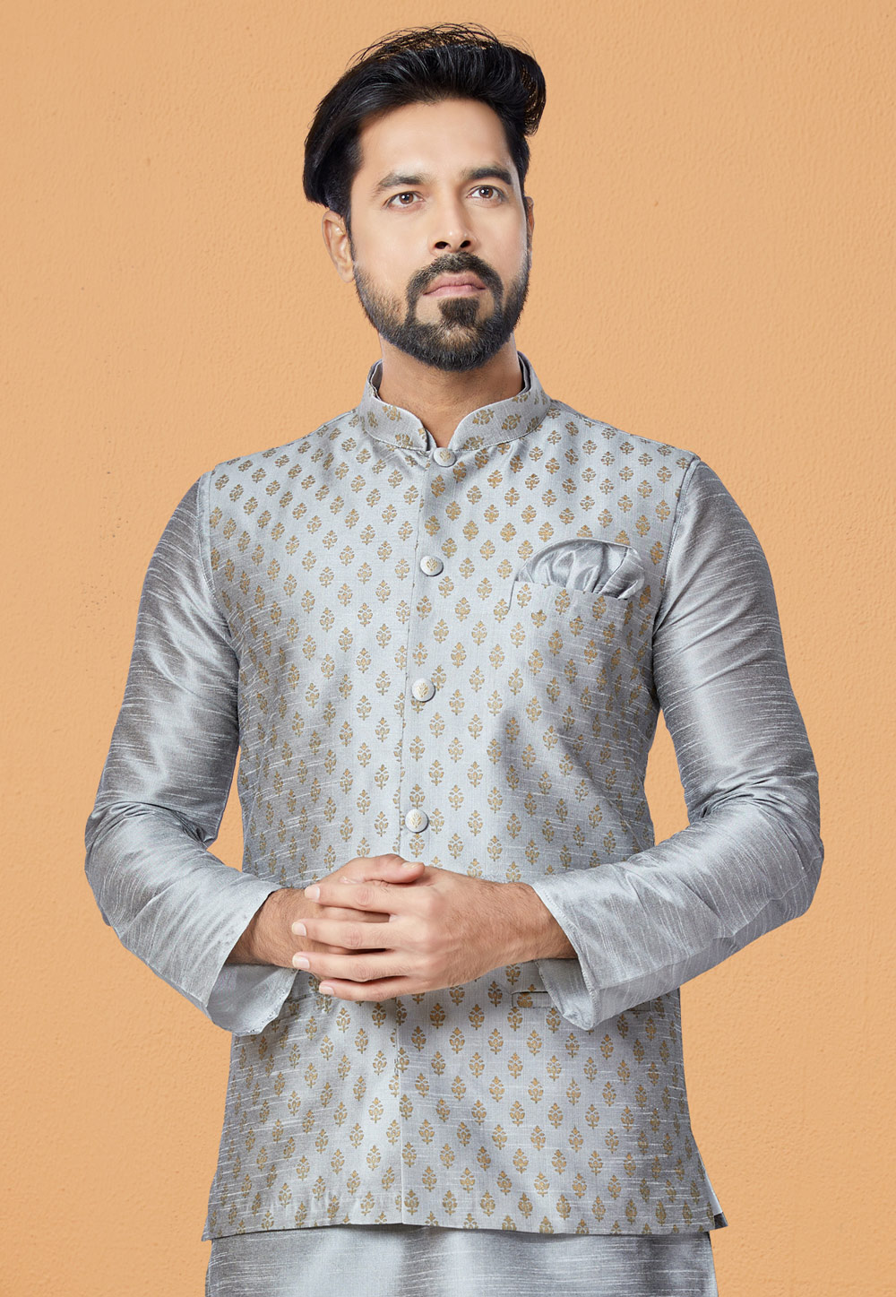 Grey Banarasi Nehru Jacket 286754