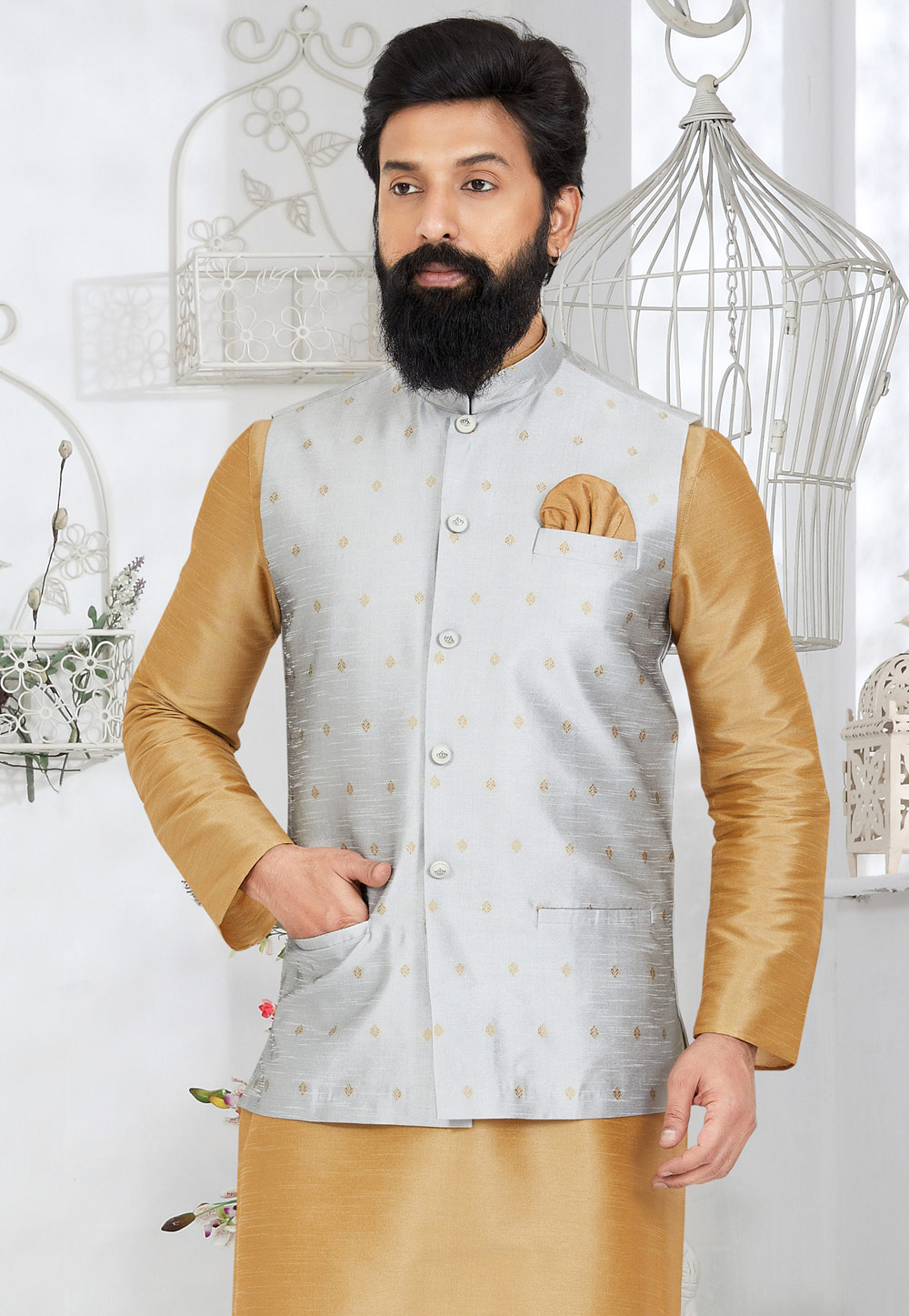 Grey Banarasi Nehru Jacket 286760