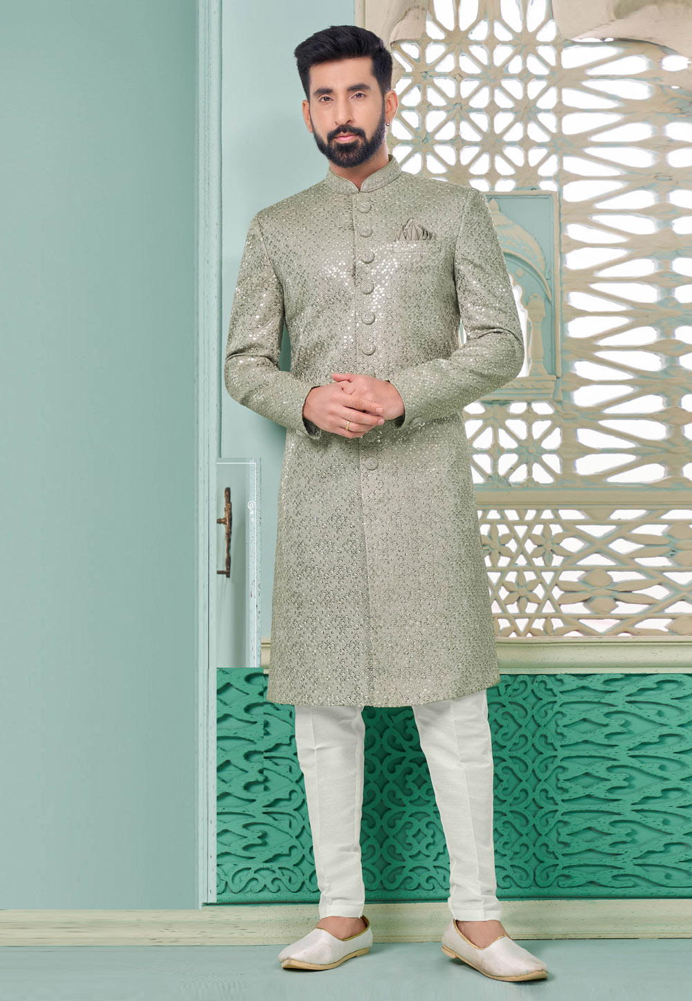 Grey Banarasi Silk Achkan Style Sherwani 285364