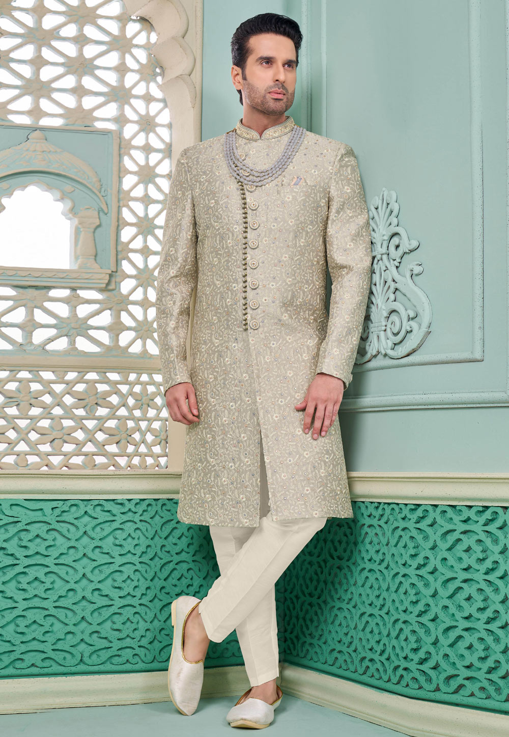 Grey Banarasi Silk Achkan Style Sherwani 285366