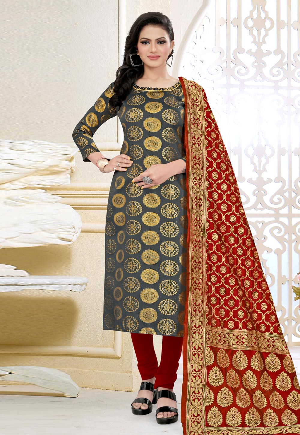 Grey Banarasi Silk Churidar Suit 278410