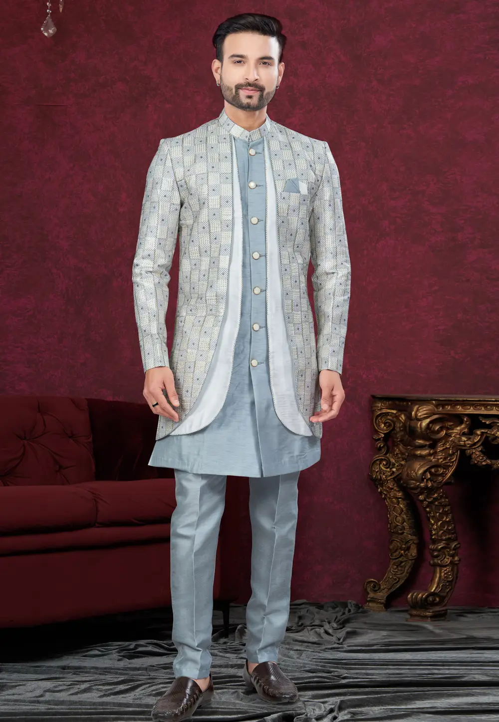 Grey Banarasi Silk Indo Western Suit 295625