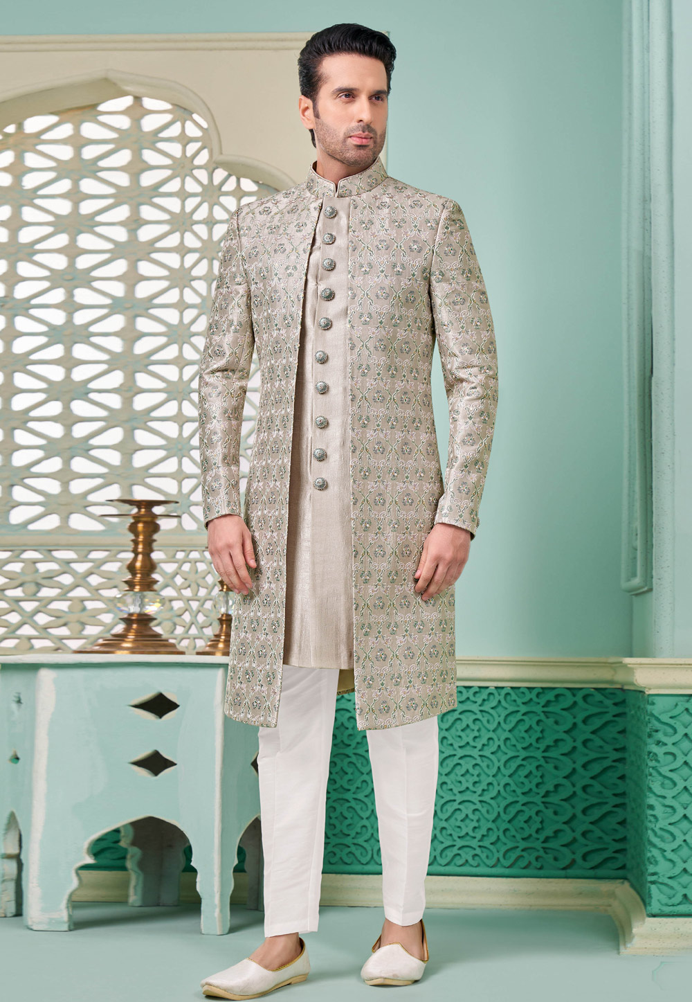 Grey Banarasi Silk Jacket Style Sherwani 285341