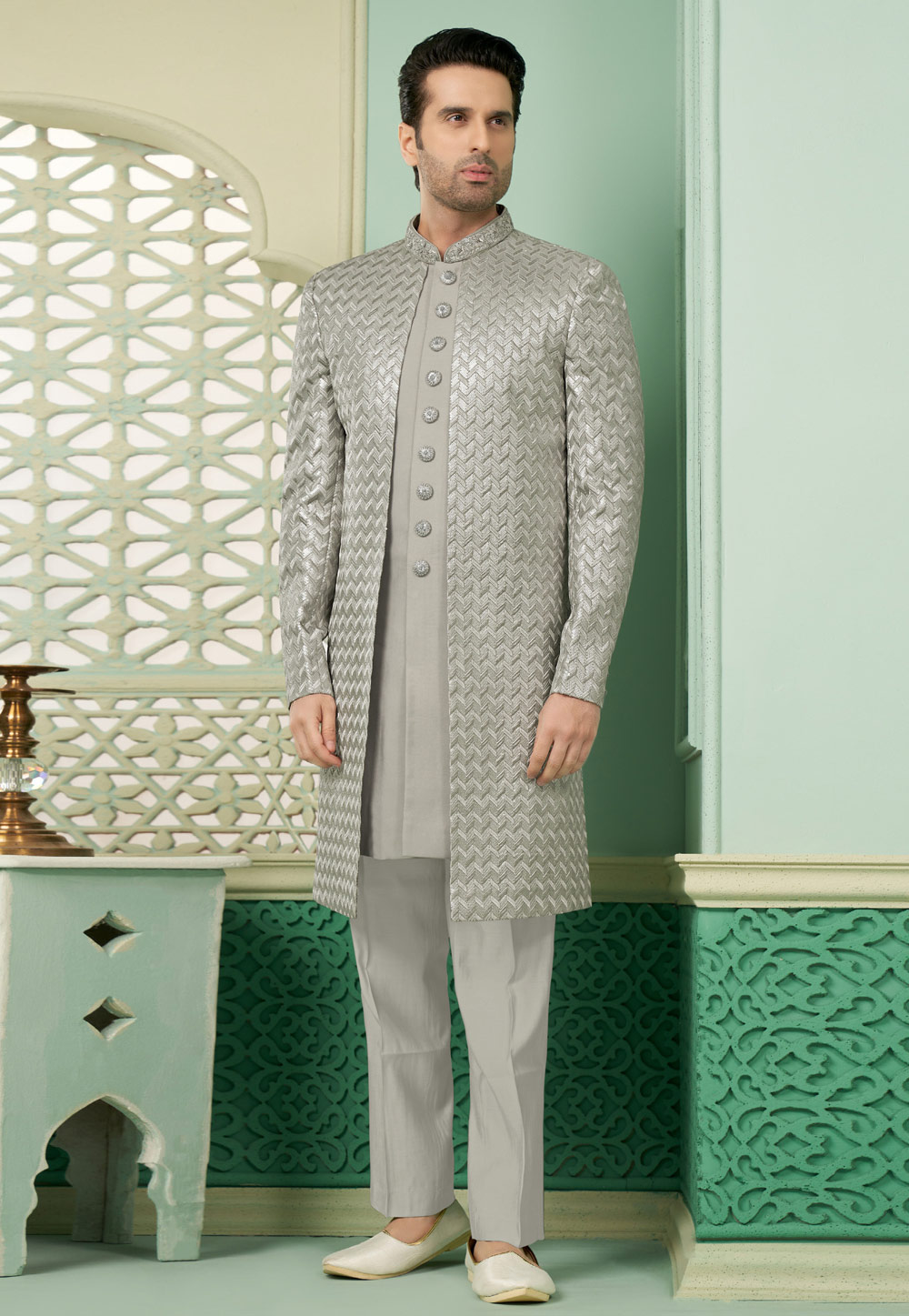 Grey Banarasi Silk Jacket Style Sherwani 285346