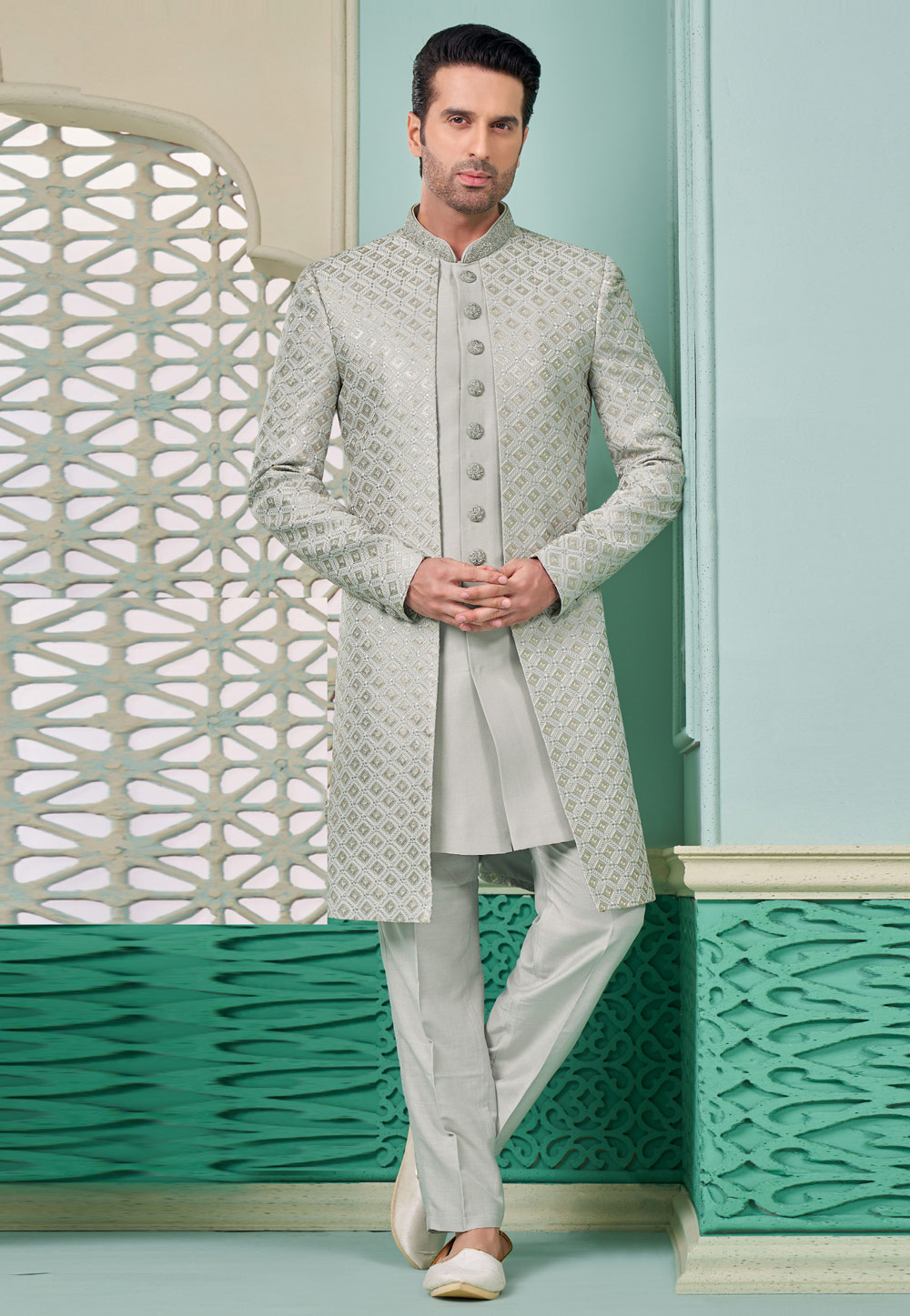 Grey Banarasi Silk Jacket Style Sherwani 285349