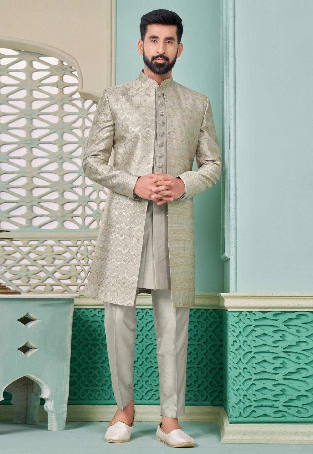 Grey Banarasi Silk Jacket Style Sherwani 285352