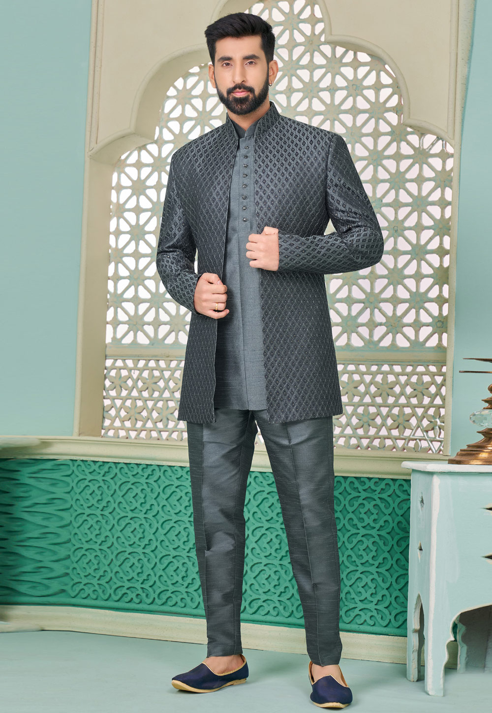 Grey Banarasi Silk Jacket Style Sherwani 285355