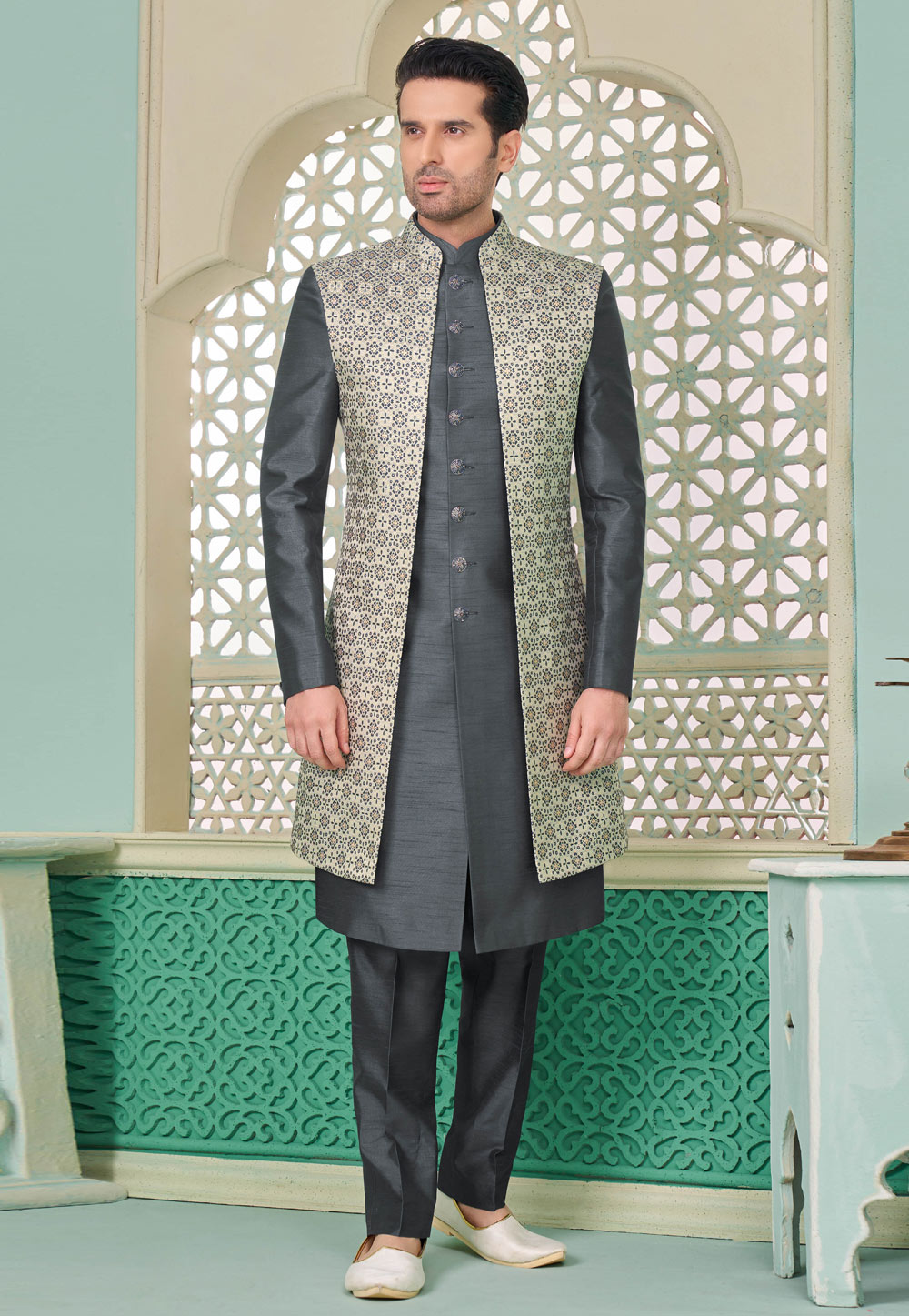 Grey Banarasi Silk Jacket Style Sherwani 285359