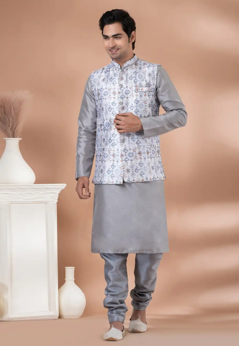 Grey Banarasi Silk Kurta Pajama With Jacket 288689