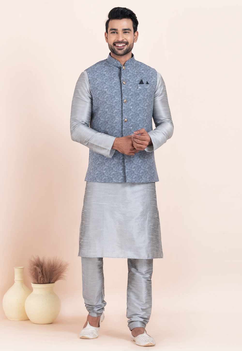 Grey Banarasi Silk Kurta Pajama With Jacket 304824