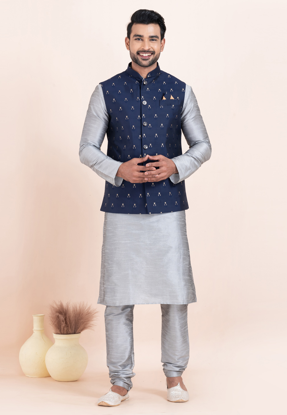 Grey Banarasi Silk Kurta Pajama With Jacket 304826