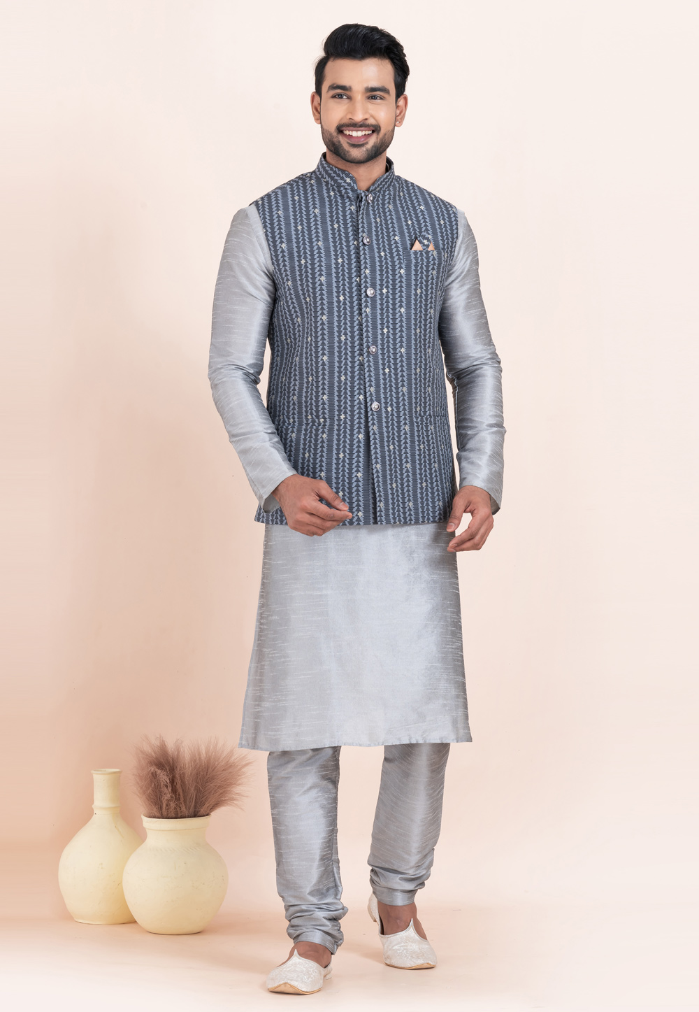 Grey Banarasi Silk Kurta Pajama With Jacket 304827