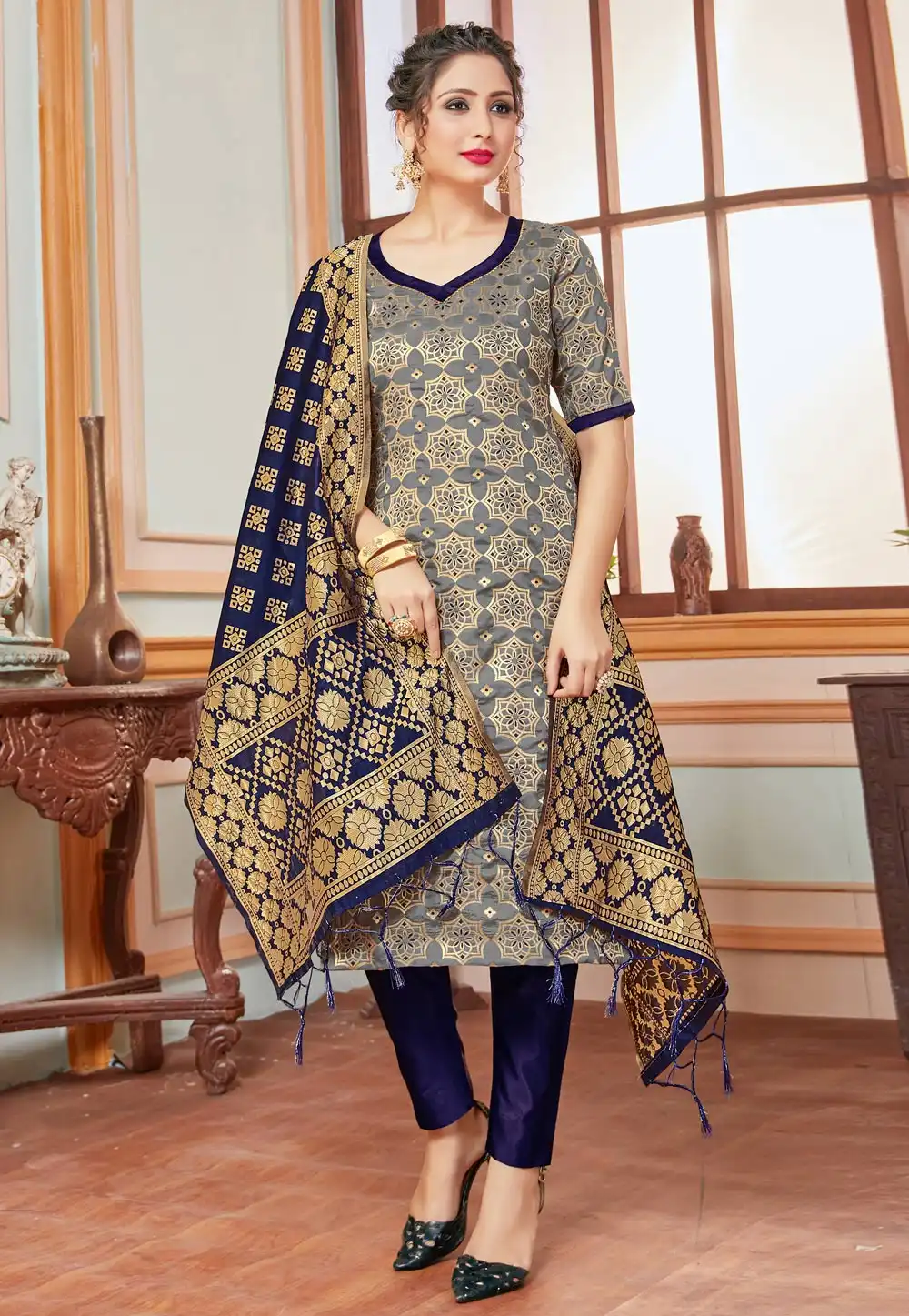 Grey Banarasi Silk Readymade Pant Style Suit 288945