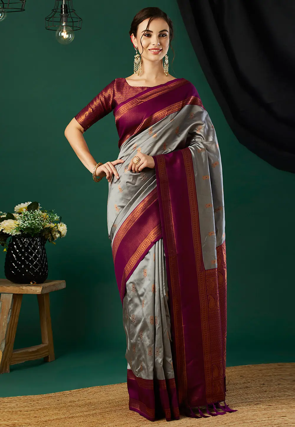 Grey Banarasi Silk Saree 301564