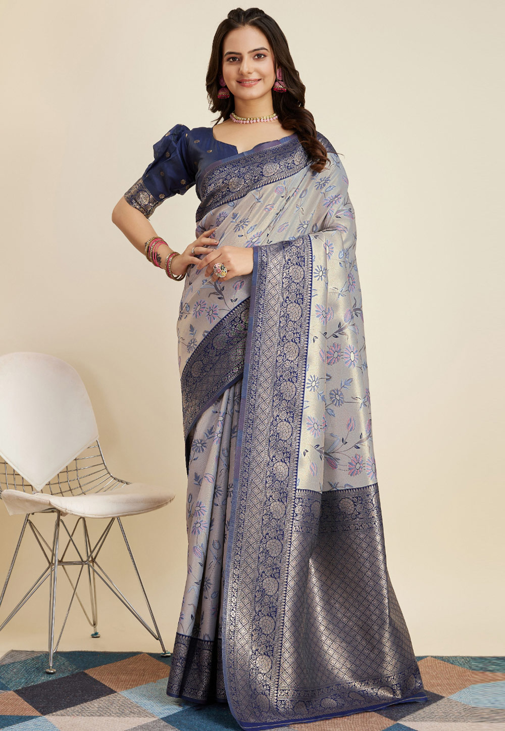 Grey Banarasi Silk Saree With Blouse 280304