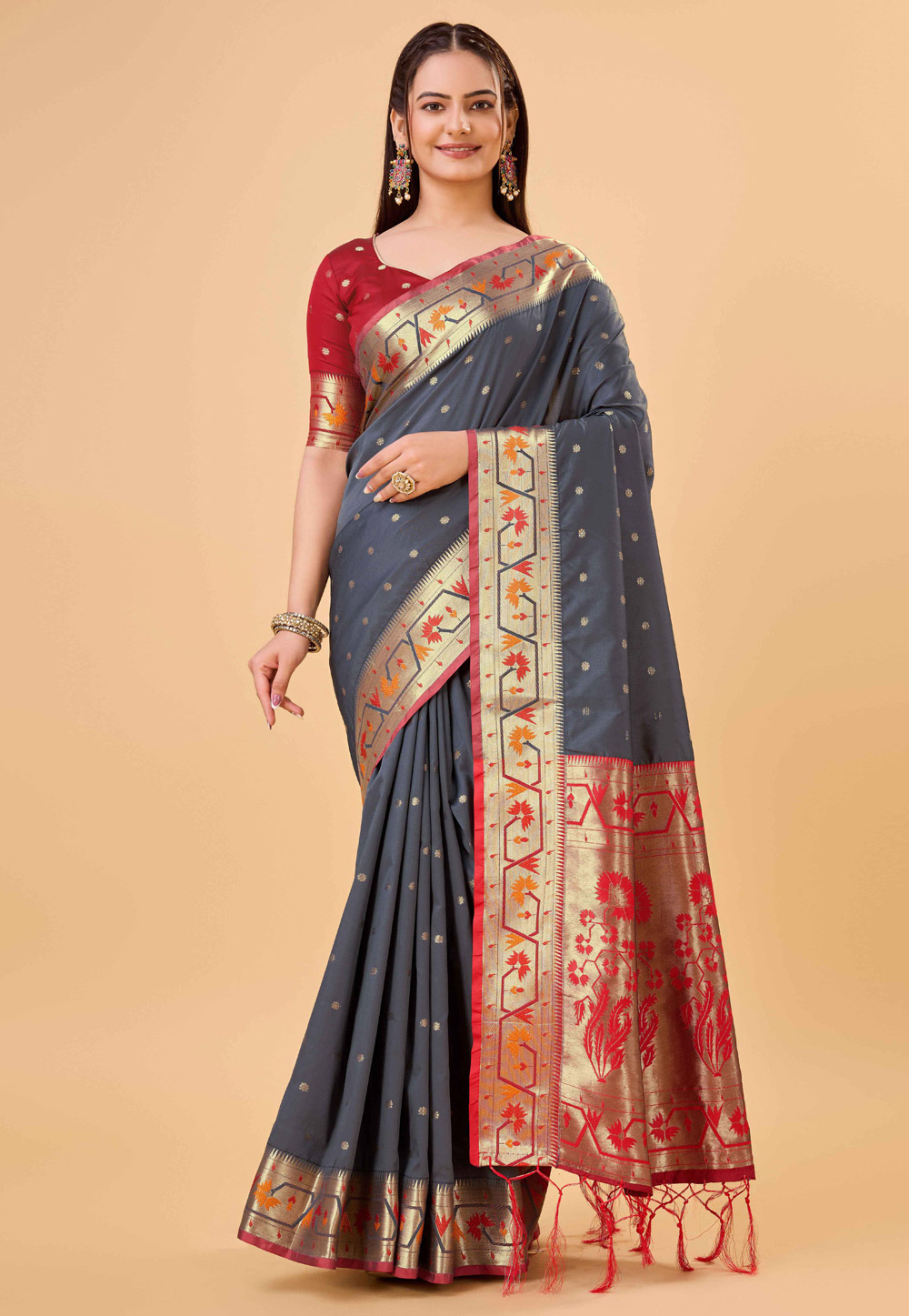 Grey Banarasi Silk Saree With Blouse 284083