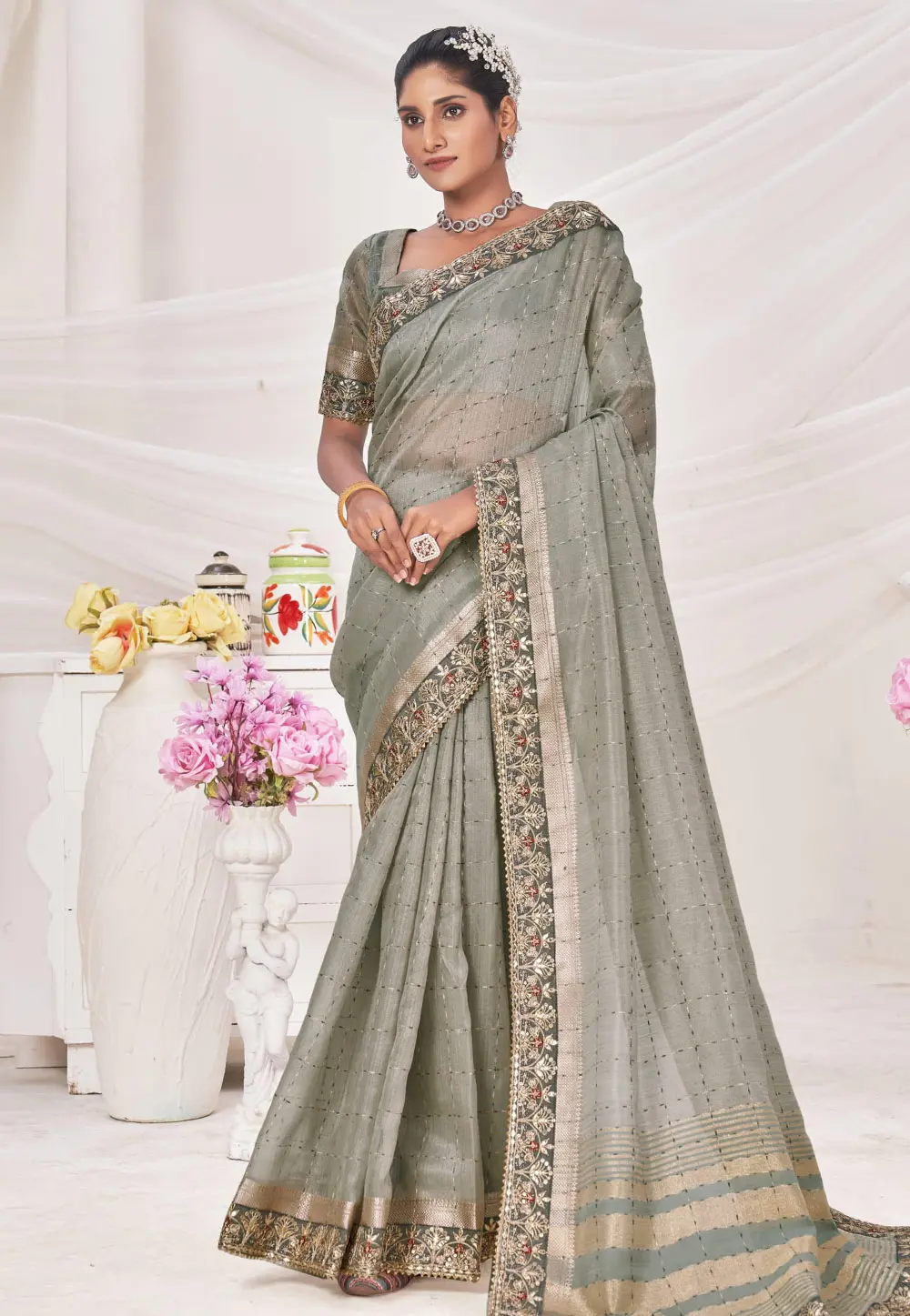 Grey Banarasi Silk Saree With Blouse 301719