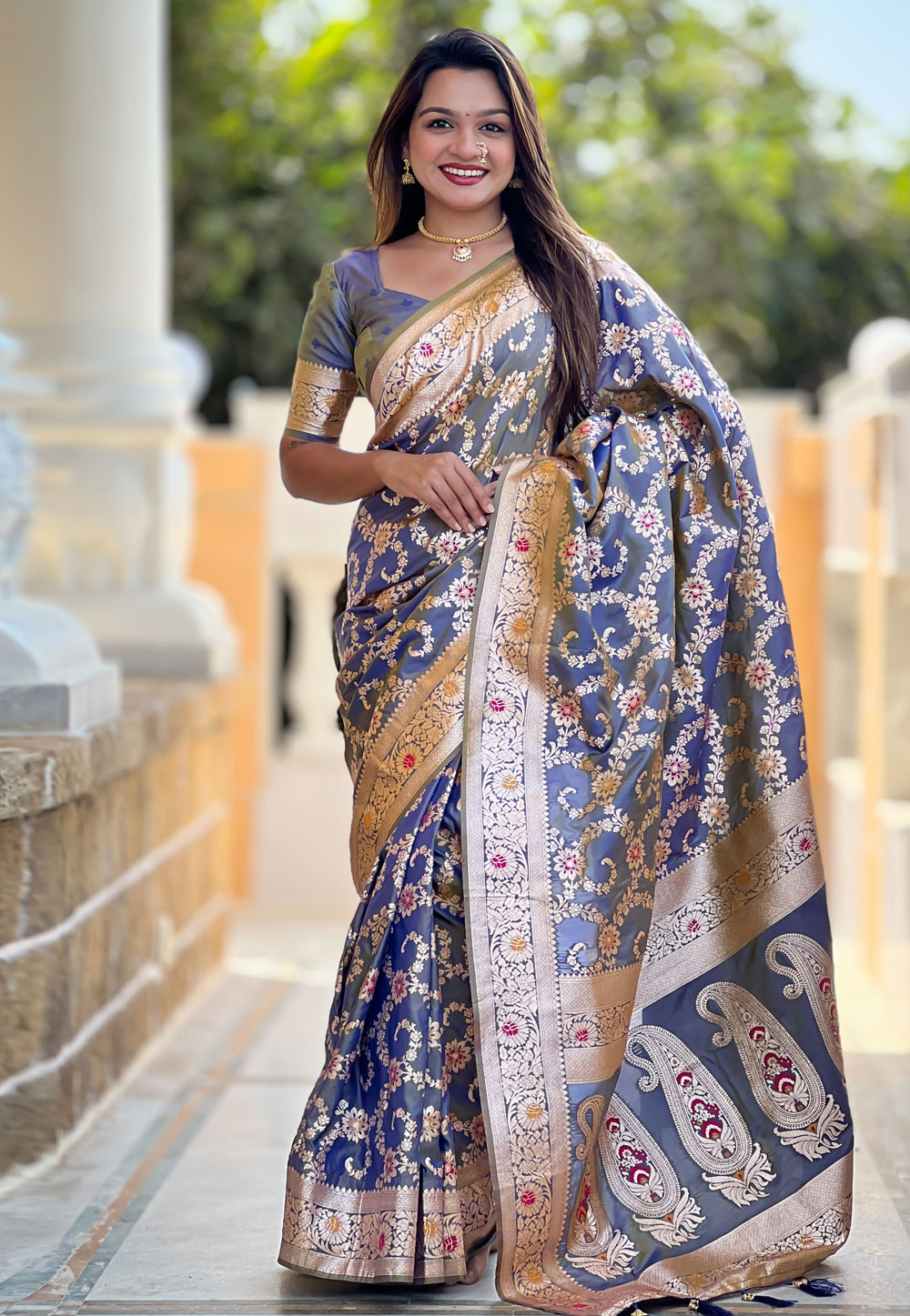 Grey Banarasi Silk Saree With Blouse 306547