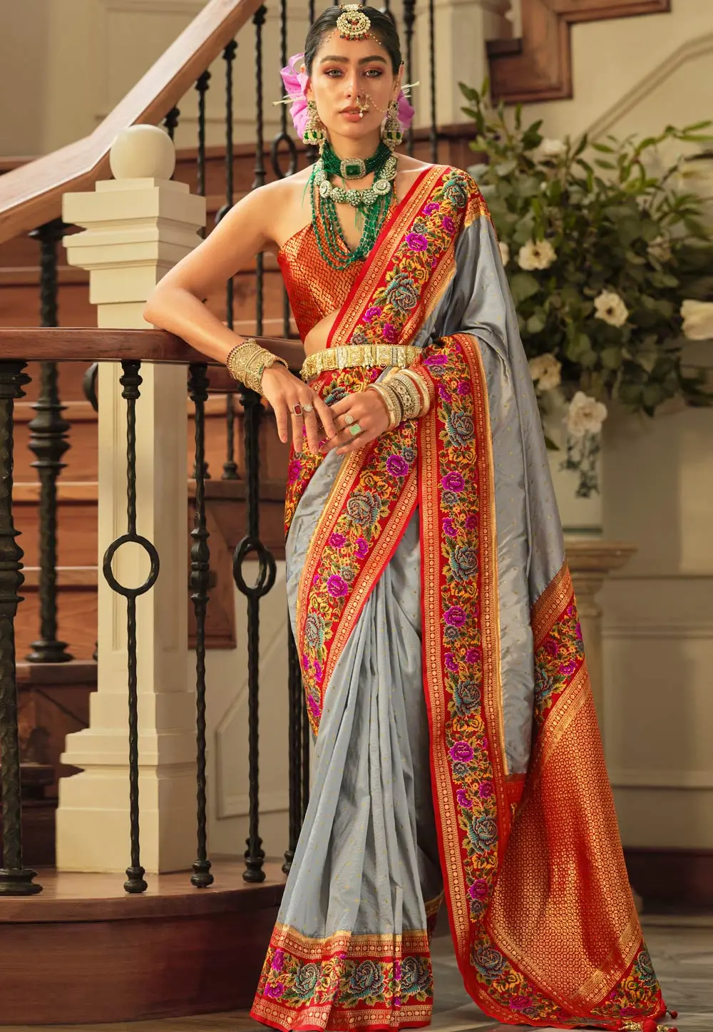 Grey Banarasi Silk Saree With Blouse 301944