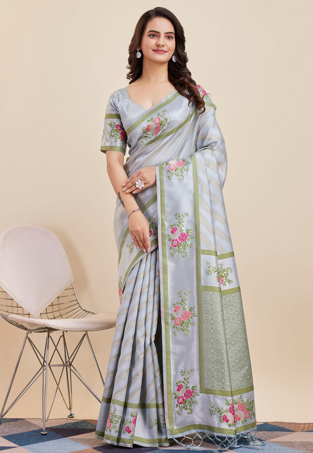Grey Banarasi Silk Saree With Blouse 283743