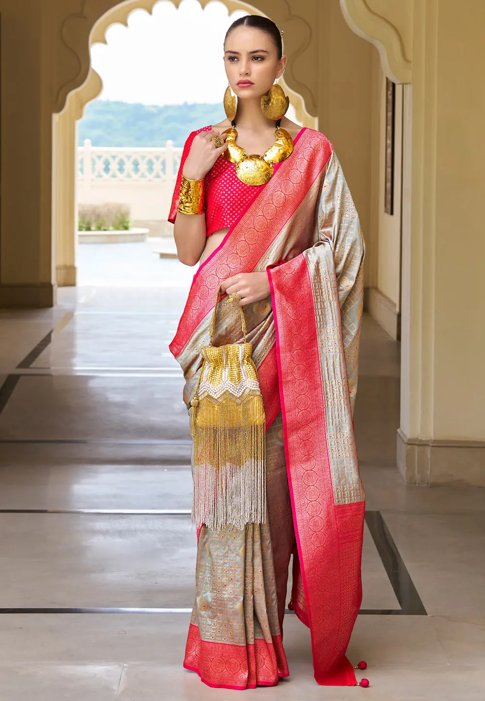 Grey Banarasi Silk Saree With Blouse 299435