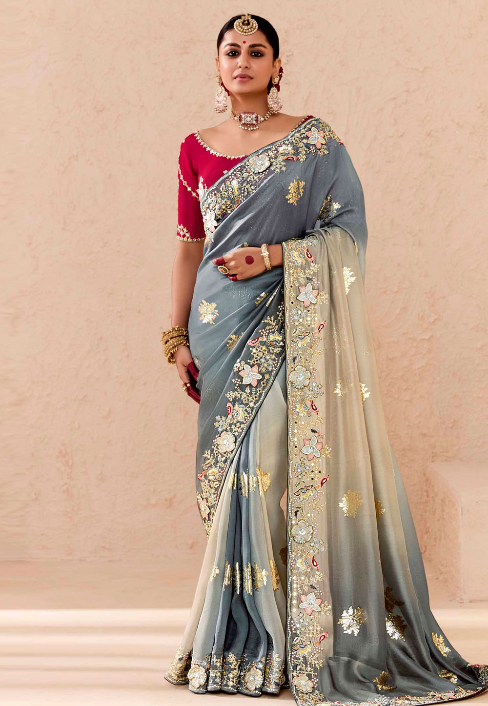 Grey Bemberg Half N Half Saree 305403