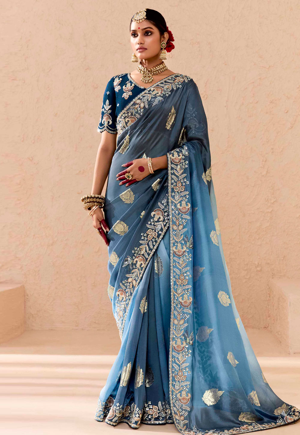 Grey Bemberg Saree With Blouse 305396