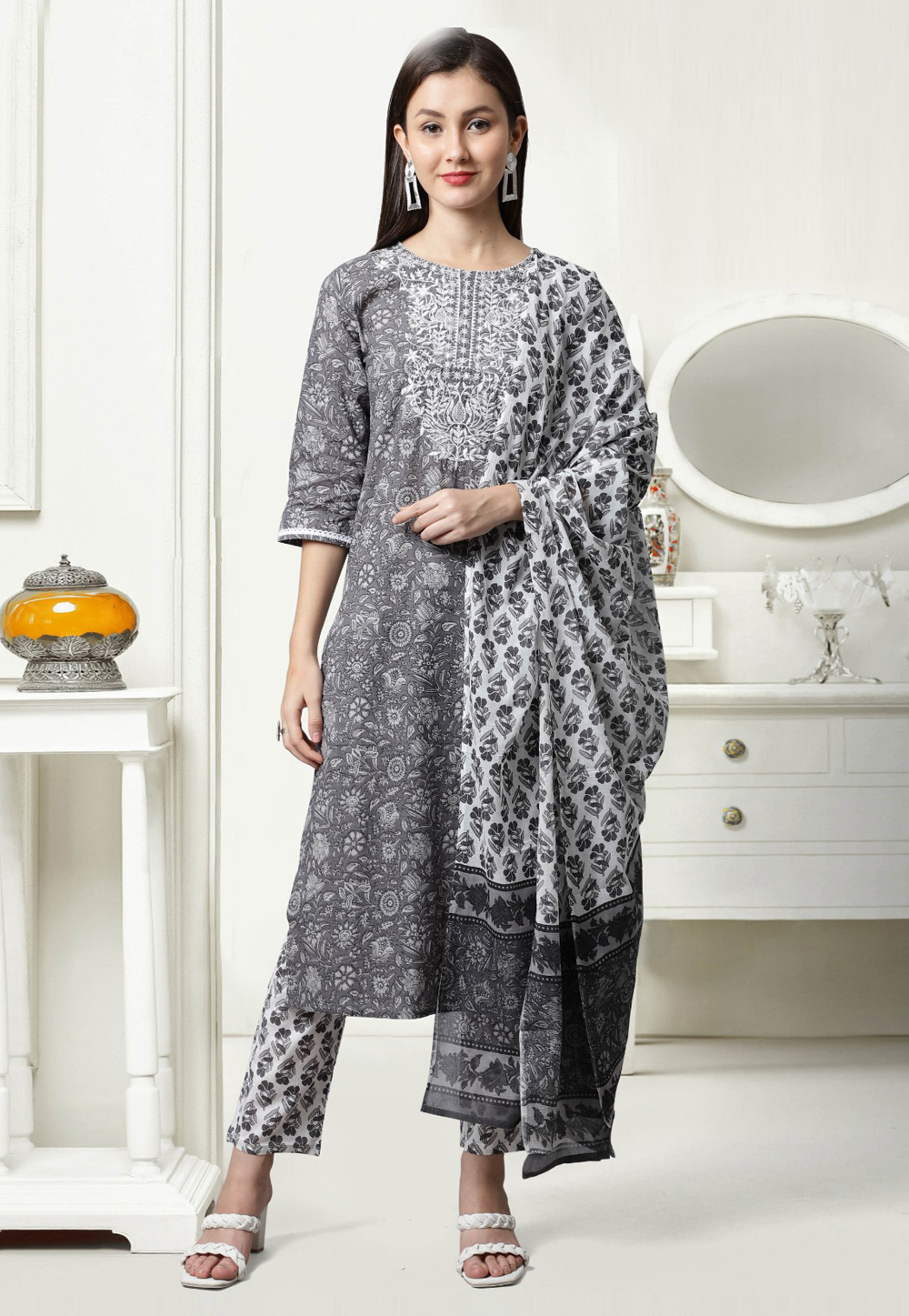 Grey Cambric Cotton Readymade Pakistani Suit 278218