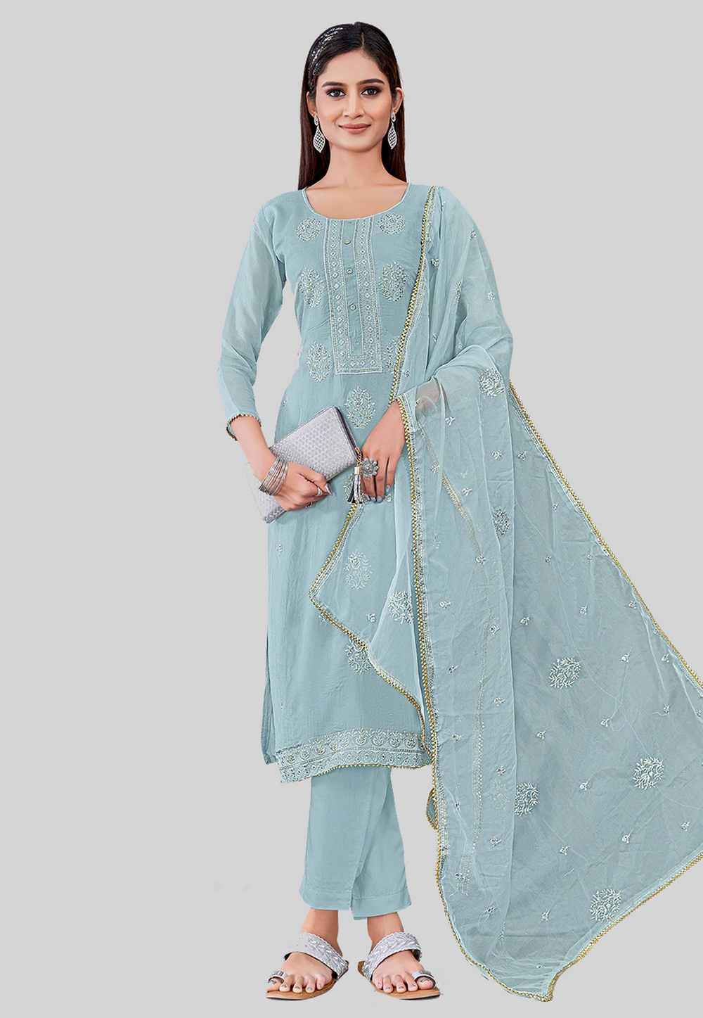 Grey Chanderi Silk Pakistani Suit 284591