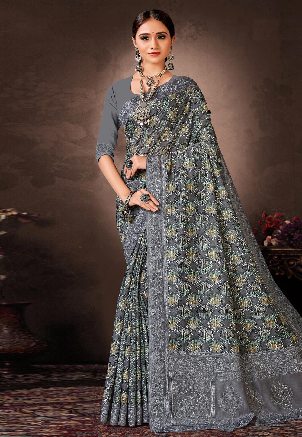 Grey Chanderi Silk Saree With Blouse 279142
