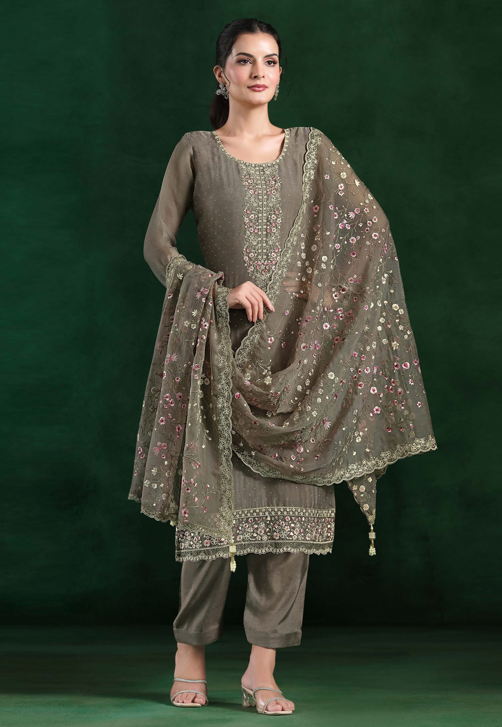 Grey Chiffon Pant Style Suit 310942